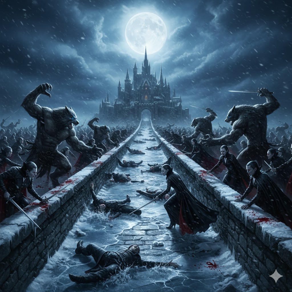Epic battle on narrow stone bridge, werewolves and vampires in brutal melee, gothic castle background, full moon